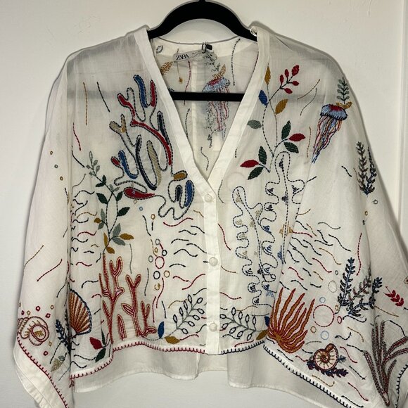 White Cotton Blouse w/ Colorful Embroidery - Picture 9 of 9